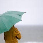 A person standing on a beach holding an umbrella