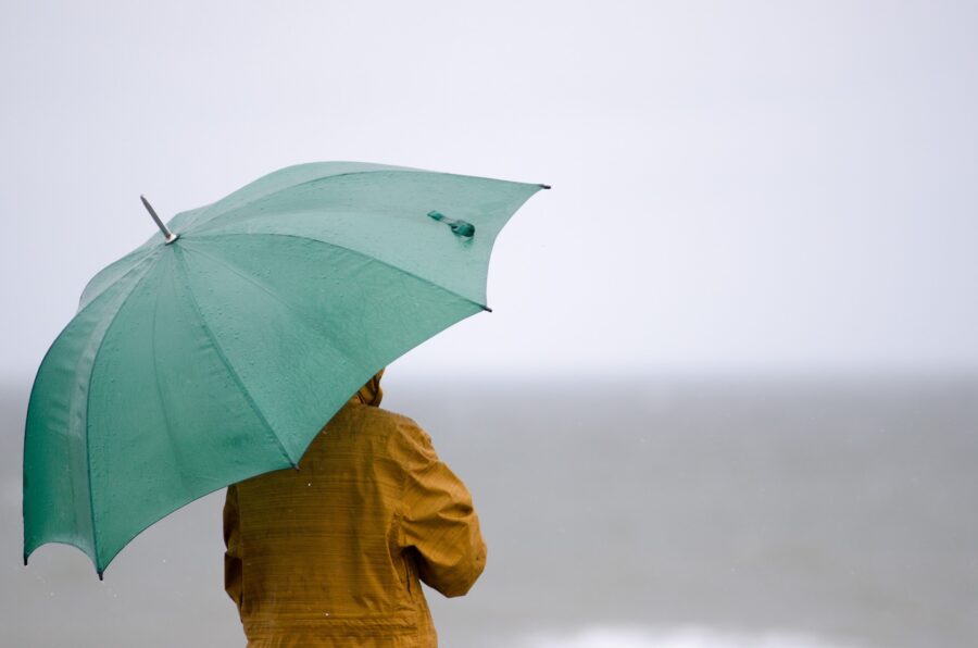 A person standing on a beach holding an umbrella