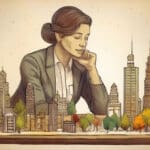 A woman in business attire observes a miniature cityscape with various buildings and trees arranged on a table.