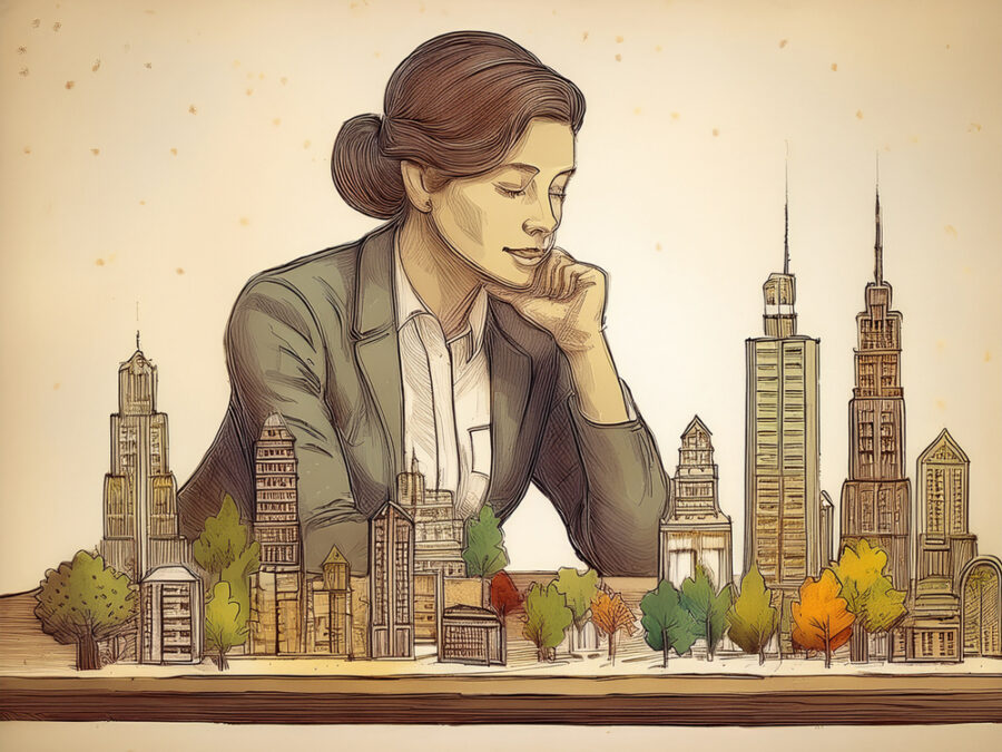A woman in business attire observes a miniature cityscape with various buildings and trees arranged on a table.